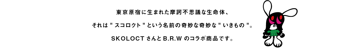 東京原宿に生まれた摩訶不思議な生命体、それはスコロクトという名前の奇妙な奇妙ないきもの。SKOLOCTさんとB.R.Wのコラボ商品です。
