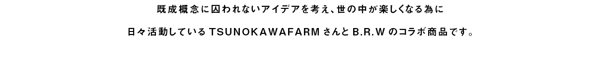 既成概念に囚われないアイデアを考え、世の中が楽しくなる為に日々活動しているTSUNOKAWAFARMさんとB.R.Wのコラボ商品です。